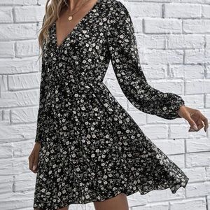 Black/Cream Floral Long Sleeved Dress - Shein, elegant, cute, A line, V Neck